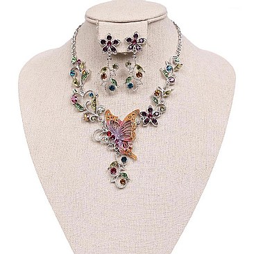 Fashionable Metal with Stones Butterfly and Flowers Necklace and Earrings Set SLNDS55