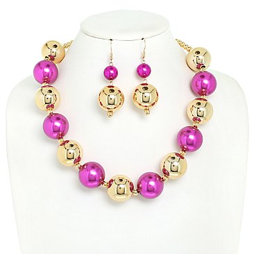 LARGE METALLIC AND SIMULATED PEARLS  ADJUSTABLE NECKLACE EARRING SET