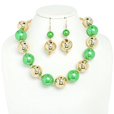 LARGE METALLIC AND SIMULATED PEARLS  ADJUSTABLE NECKLACE EARRING SET