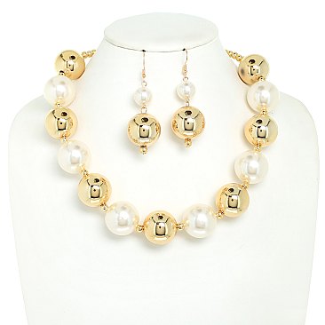 LARGE METALLIC AND SIMULATED PEARLS  ADJUSTABLE NECKLACE EARRING SET