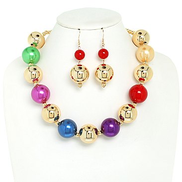 LARGE METALLIC AND SIMULATED PEARLS  ADJUSTABLE NECKLACE EARRING SET