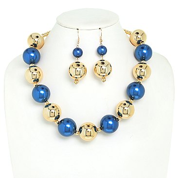 LARGE METALLIC AND SIMULATED PEARLS  ADJUSTABLE NECKLACE EARRING SET