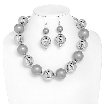 LARGE METALLIC AND SIMULATED PEARLS  ADJUSTABLE NECKLACE EARRING SET