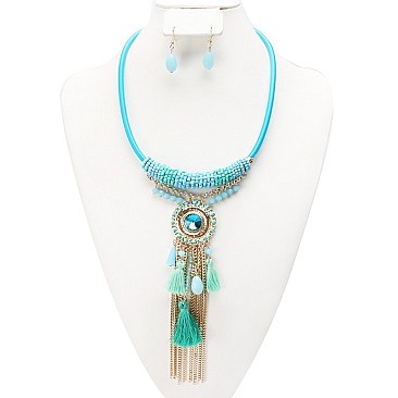 Stylish Stone Tassel Fashion Necklace and Earring Set  SLNEG1398