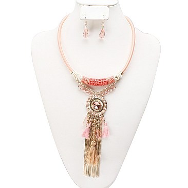 Stylish Stone Tassel Fashion Necklace and Earring Set  SLNEG1398