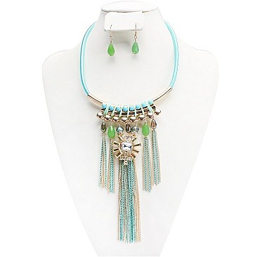 Stylish Tube Cord with Stone Fringe Fashion Necklace and Earring Set SLNEG1399