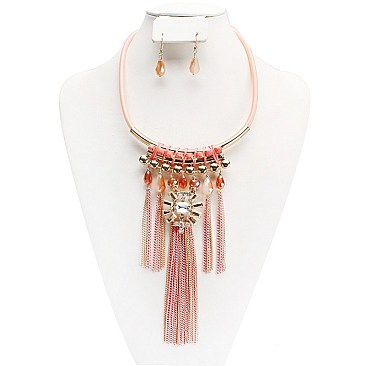 Stylish Tube Cord with Stone Fringe Fashion Necklace and Earring Set SLNEG1399