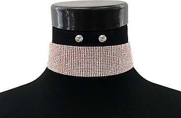 1.5" WIDE RHINESTONE CHOKER & EARRING SET (18 LINES)