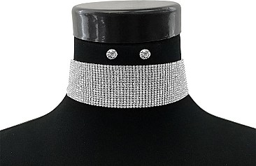 1.5" WIDE RHINESTONE CHOKER & EARRING SET (18 LINES)