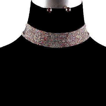 STYLISH RHINESTONE 13 LINE CRYSTAL CHOKER NECKLACE AND EARRINGS SET