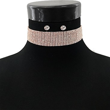 STYLISH RHINESTONE 13 LINE CRYSTAL CHOKER NECKLACE AND EARRINGS SET