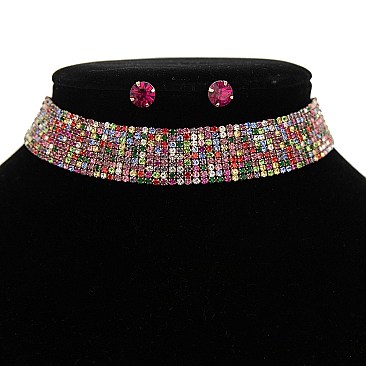 FASHION RHINESTONE WITH 9 LINE CRYSTAL CHOKER NECKLACE AND EARRINGS SET