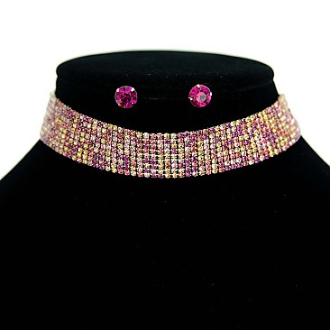 FASHION RHINESTONE WITH 9 LINE CRYSTAL CHOKER NECKLACE AND EARRINGS SET