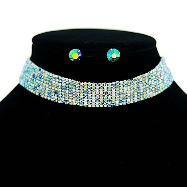 FASHION RHINESTONE WITH 9 LINE CRYSTAL CHOKER NECKLACE AND EARRINGS SET