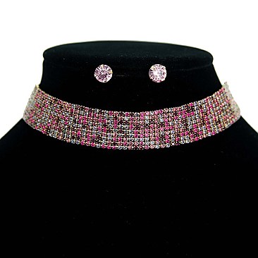 FASHION RHINESTONE WITH 9 LINE CRYSTAL CHOKER NECKLACE AND EARRINGS SET