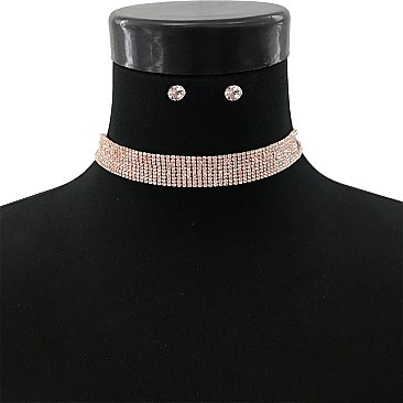 FASHION RHINESTONE WITH 9 LINE CRYSTAL CHOKER NECKLACE AND EARRINGS SET