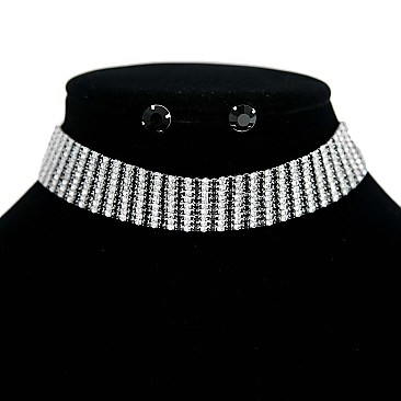 FASHION RHINESTONE WITH 9 LINE CRYSTAL CHOKER NECKLACE AND EARRINGS SET