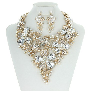 FLORAL STONE/PEARL ENCRUSTED NECKLACE SET