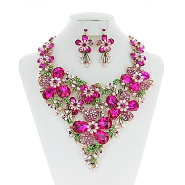 FLORAL STONE/PEARL ENCRUSTED NECKLACE SET