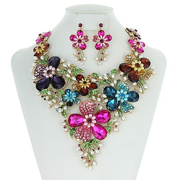 FLORAL STONE/PEARL ENCRUSTED NECKLACE SET