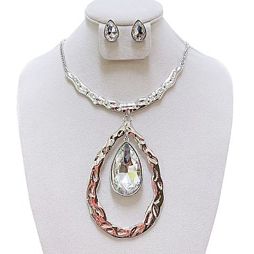 STONE AND METAL TEARDROP HAMMERED METAL NECKLACE SET