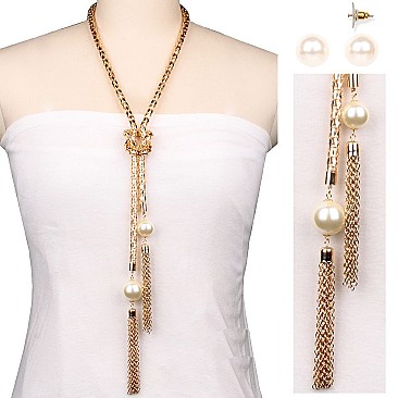 Metal Mesh Chain Lariat Fashion Necklace Set
