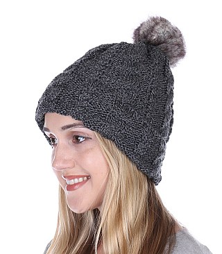 Fur Pom Pom Knit Beanie Hat - Plush Lining