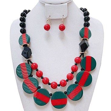 GREEN RED STRIPE NECKLACE SET