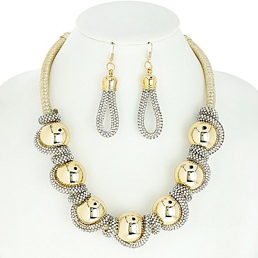 TWISTED CHUNKY BALL RHINESTONE NECKLACE AND EARRINGS SET