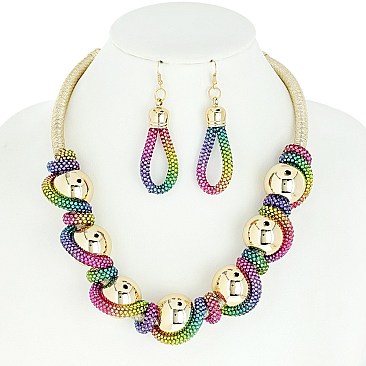 TWISTED CHUNKY BALL RHINESTONE NECKLACE AND EARRINGS SET