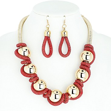 TWISTED CHUNKY BALL RHINESTONE NECKLACE AND EARRINGS SET