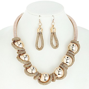 TWISTED CHUNKY BALL RHINESTONE NECKLACE AND EARRINGS SET