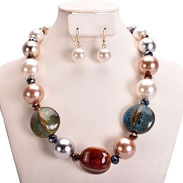 PEARL TUMBLE STONE NECKLACE SET