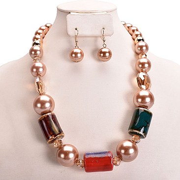 PEARL TUMBLE STONE NECKLACE SET