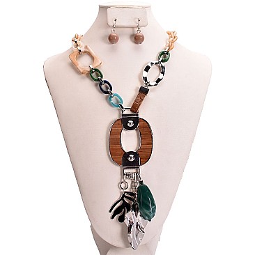 ACRYLIC LEAF METAL WOOD NECKLACE SET