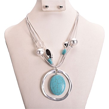 TURQUOISE PEARL METAL NECKLACE SET