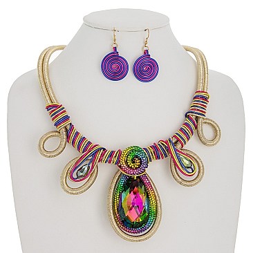 LOVELY HANDMADE RAINBOW RHINESTONE WIRE NECKLACE AND EARRINGS SET