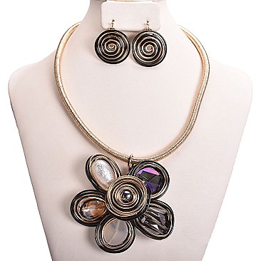 WIRE FLOWER MIXED MEDIA NECKLACE SET