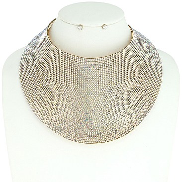 FASHION STATEMENT RHINESTONE BIB COLLAR NECKLACE EARRING SET