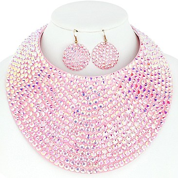 LARGE RHINESTONE BIB CHOKER STATEMENT NECKLACE SET