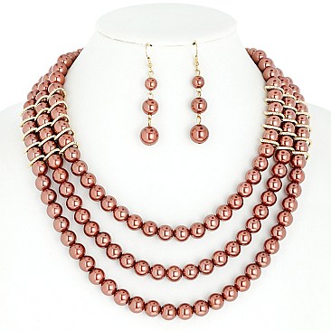 FASHION TRIPLE STRAND PEARL STATEMENT NECKLACE AND EARRINGS SET