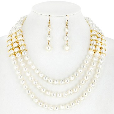 FASHION TRIPLE STRAND PEARL STATEMENT NECKLACE AND EARRINGS SET