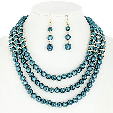 FASHION TRIPLE STRAND PEARL STATEMENT NECKLACE AND EARRINGS SET