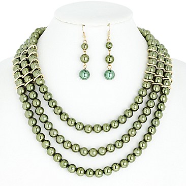 FASHION TRIPLE STRAND PEARL STATEMENT NECKLACE AND EARRINGS SET