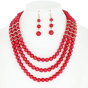 FASHION TRIPLE STRAND PEARL STATEMENT NECKLACE AND EARRINGS SET