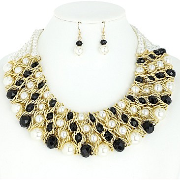 STYLISH PEARL AND BEAD BIB NECKLACE AND EARRINGS SET