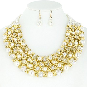 STYLISH PEARL AND BEAD BIB NECKLACE AND EARRINGS SET