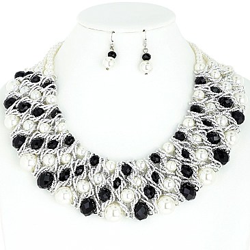 STYLISH PEARL AND BEAD BIB NECKLACE AND EARRINGS SET