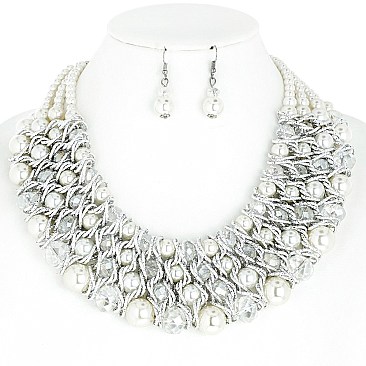 STYLISH PEARL AND BEAD BIB NECKLACE AND EARRINGS SET