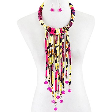 KENTE FABRIC FRINGE BIB FASHION NECKLACE AND EARRING SET